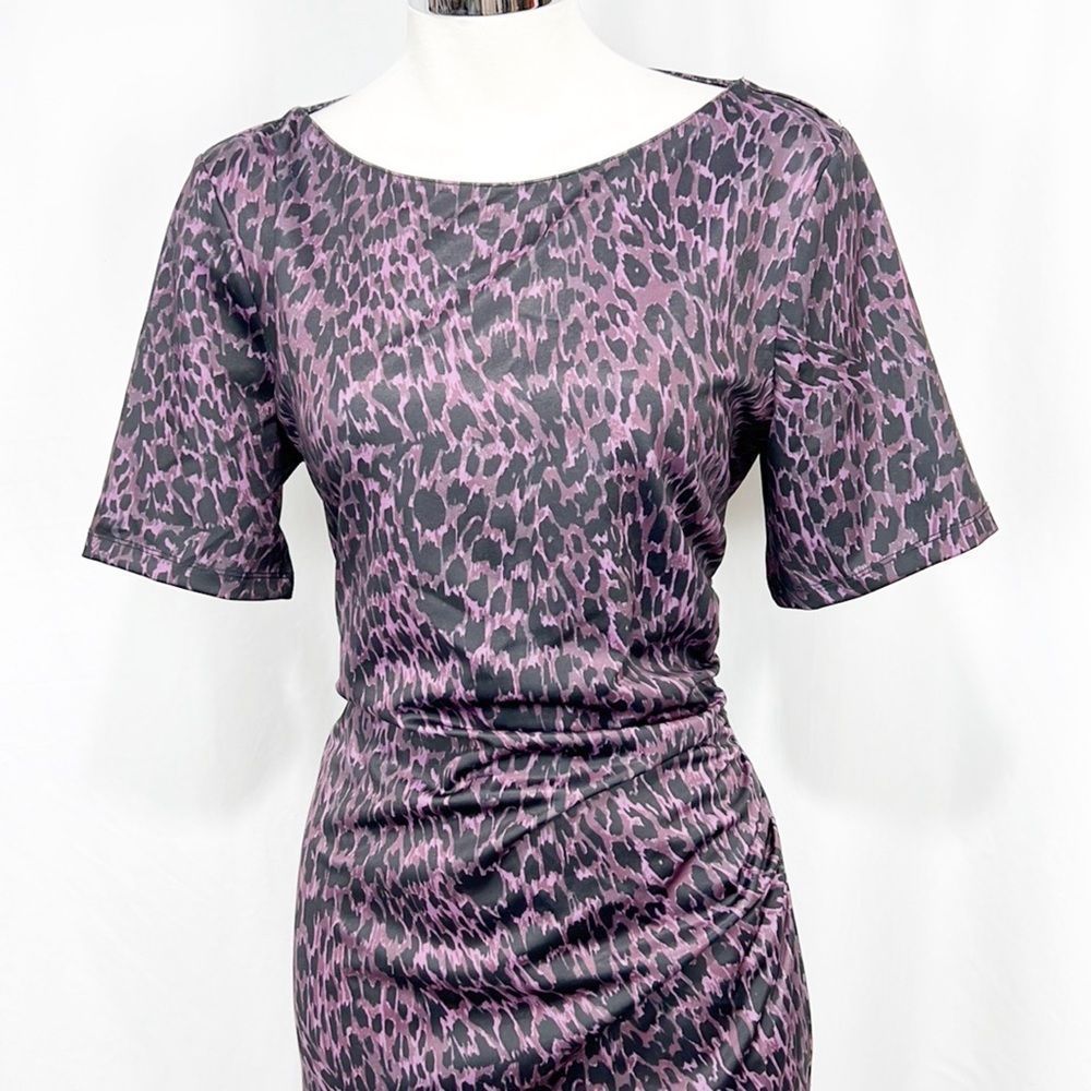 Elie Tahari Raveena Ruched Sheath Dress Aubergine Purple & Black Leopard Print 8 - Picture 6 of 13